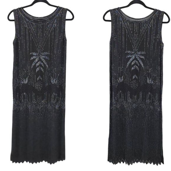 Vtg 80s Does 20s Black Oil Slick Beaded Silk Flapper Dress Sz M Great Gatsby - Picture 1 of 14